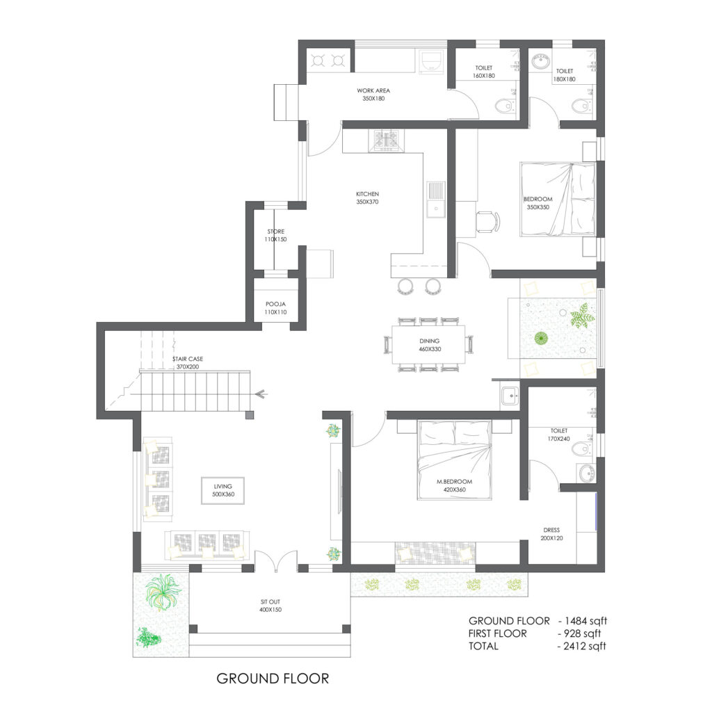 Ground floor plan of transitional interior desig